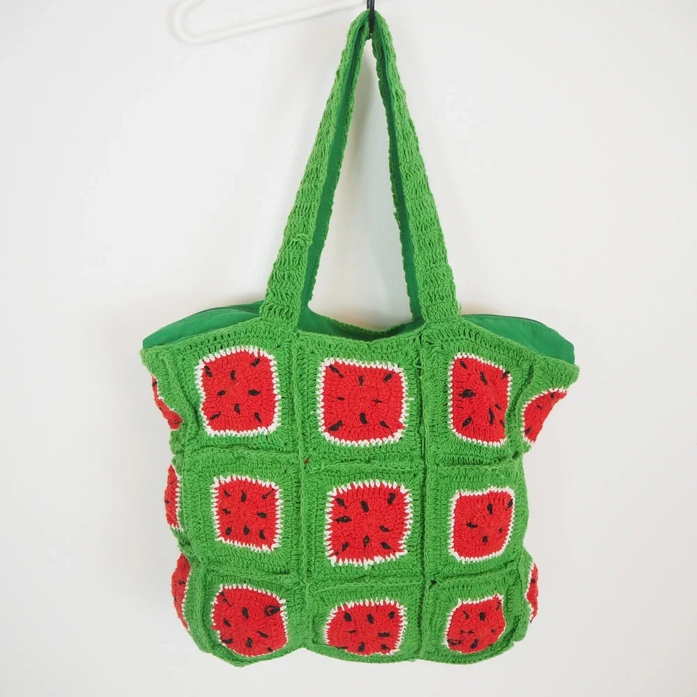 AMERICA & BEYOND Crochet Granny Square Watermelon Tote Bag Summer Beach Cottage‎